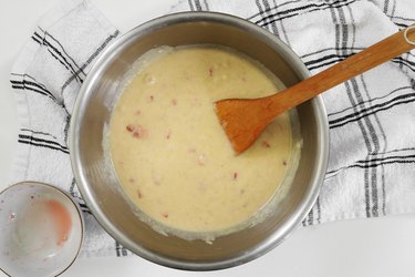 Mix batter and add strawberries