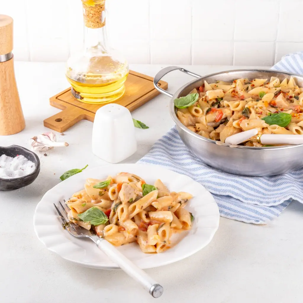 Plate of Marry Me Chicken Pasta with tender chicken and creamy parmesan sauce.