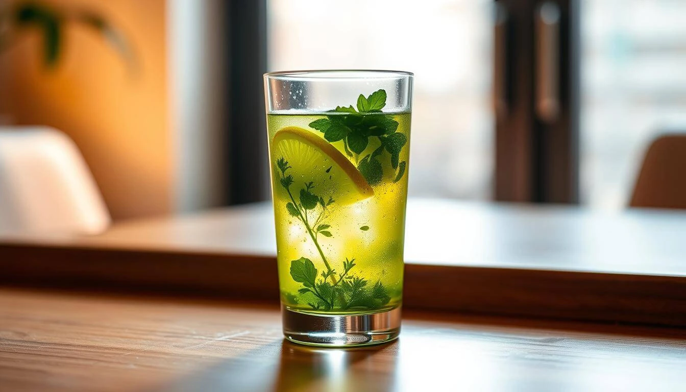 A glass of the Natural Mounjaro Recipe drink with lemon slices and mint leaves.