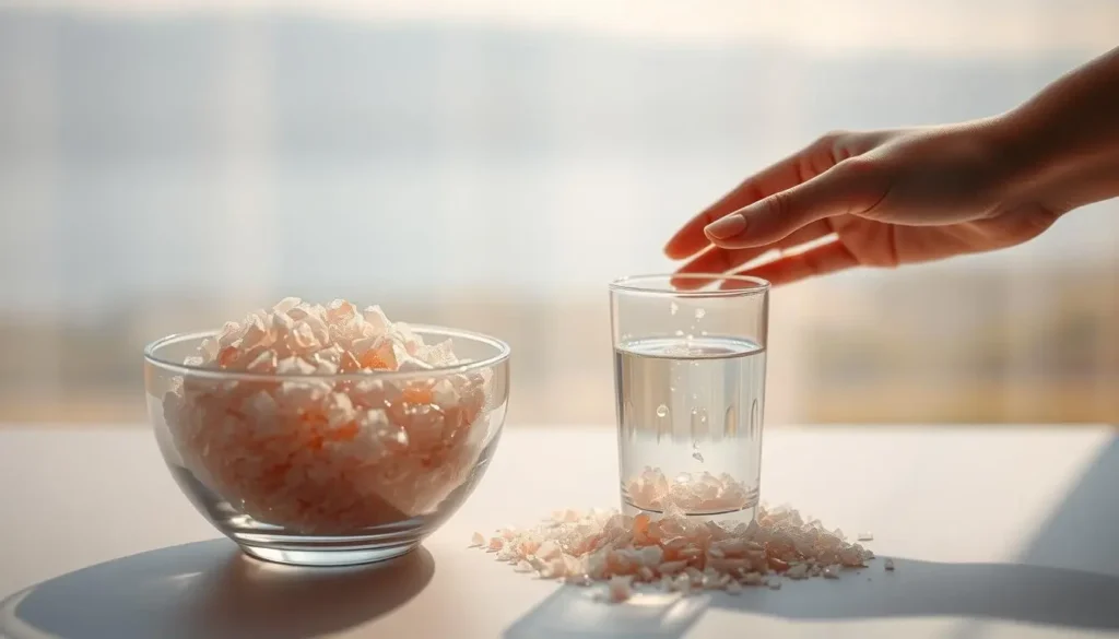 A health expert giving advice with a pink salt jar and notepad on the table, offering tips for the pink salt trick recipe for women.