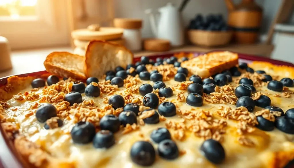 A freshly baked Blueberry Cottage Cheese Breakfast Bake sliced into squares, served on a white plate with a topping of extra blueberries and a dusting of cinnamon. A side of yogurt and mint garnish completes the presentation.