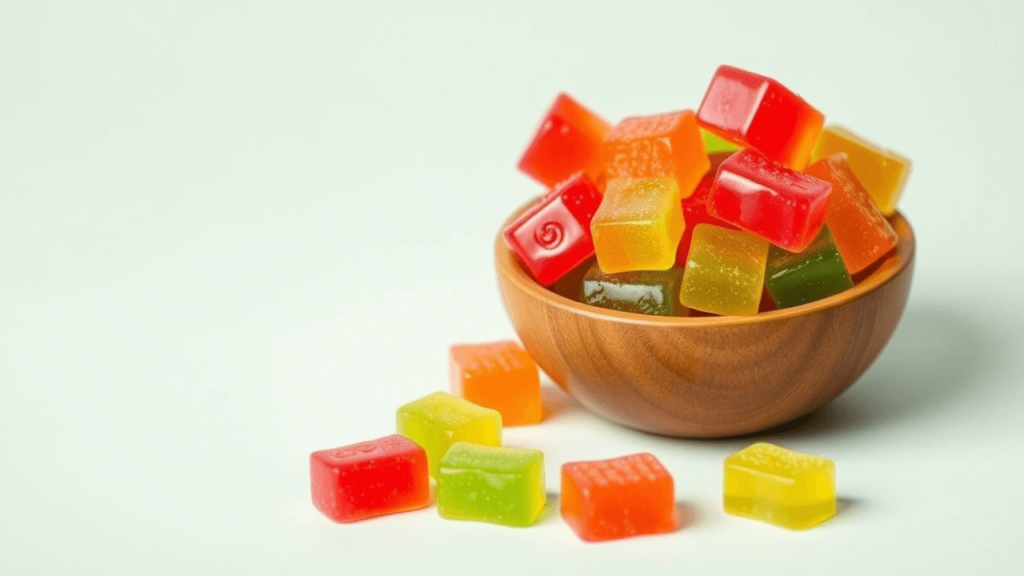 Close-up of Brazilian Mounjaro Gummies in a small wooden bowl, with a clean pastel background, vegan and natural appearance.