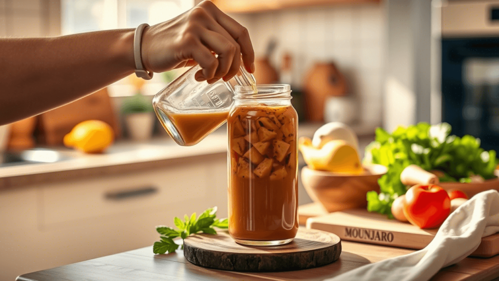 Homemade Brazilian Mounjaro being poured from a jar into a glass.