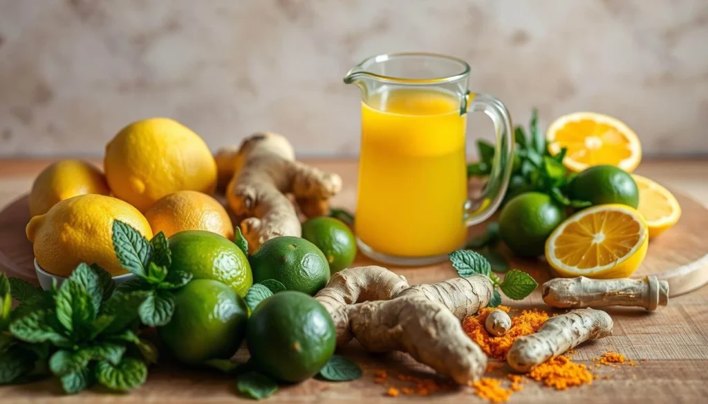 Fresh ingredients for the Natural Mounjaro Recipe, including lemon, ginger, honey, and water.