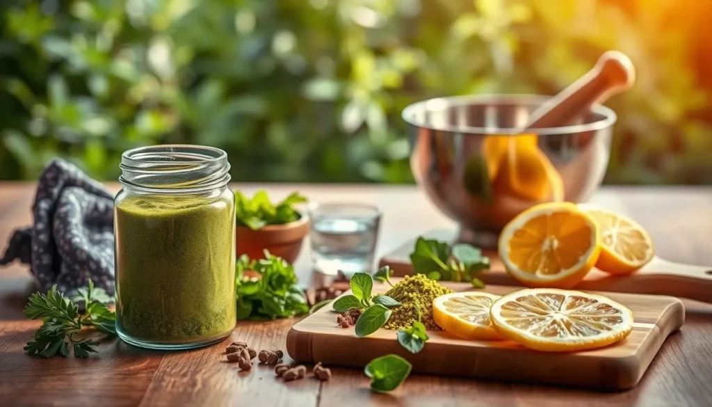 Mounjaro Natural Recipe ingredients including green tea, ginger, lemon, and cinnamon on a wooden table
