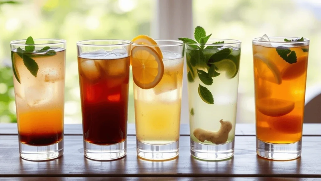 Different variations of the Brazilian Mounjaro recipe featuring fruit infusions, herbs, and spices.