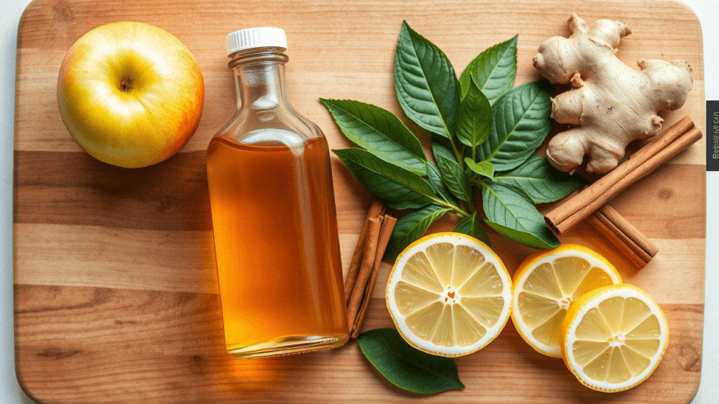 Ingredients of Brazilian Mounjaro recipe with apple cider vinegar: ginger, lemon, yerba mate, cinnamon.