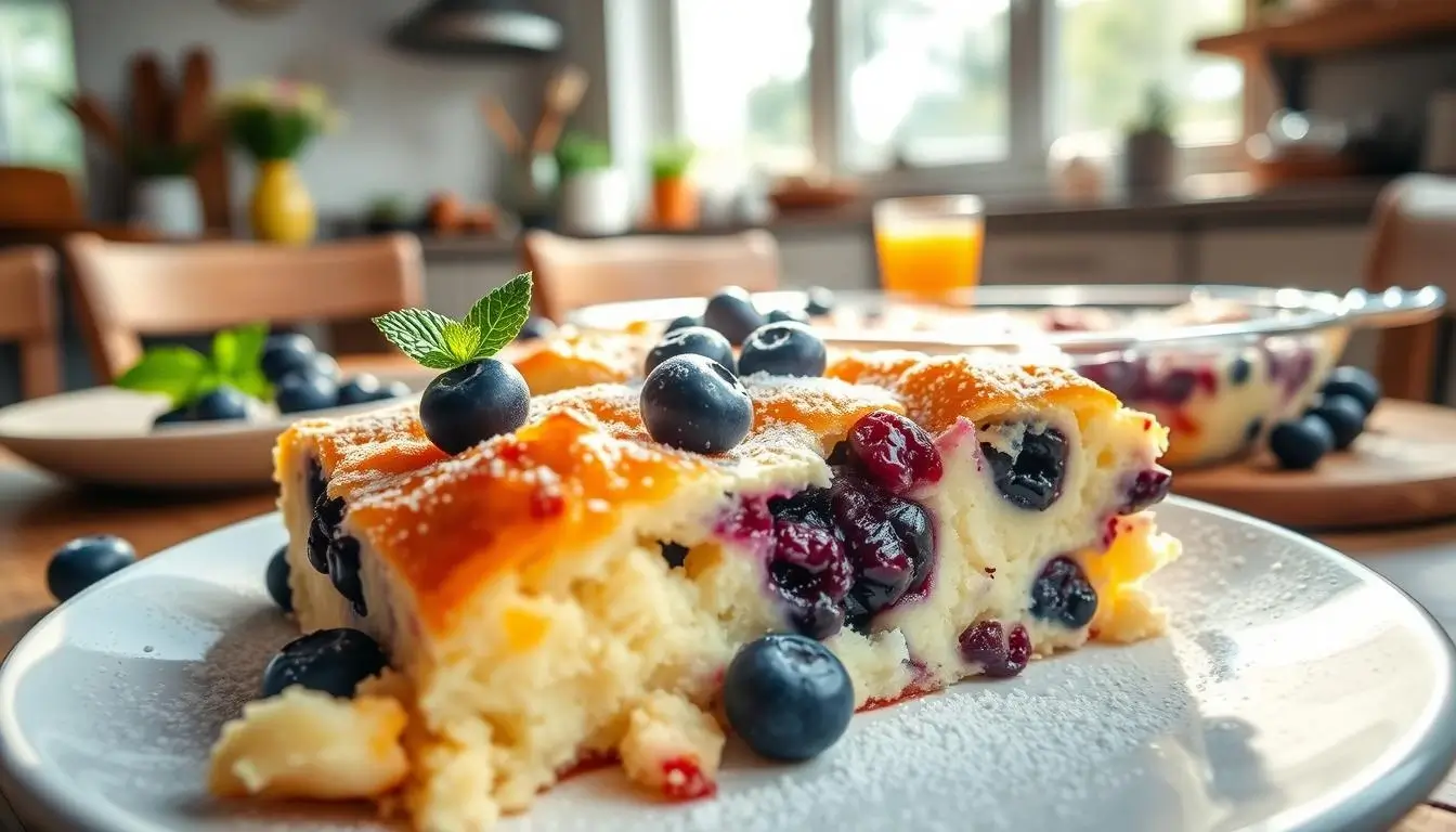 A freshly baked blueberry cottage cheese breakfast bake sliced into squares, served on a white plate with a topping of extra blueberries and a dusting of cinnamon. A side of yogurt and mint garnish completes the presentation.