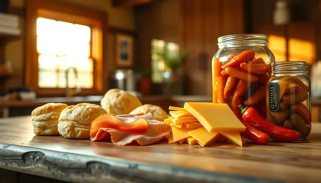 Raw ingredients for an Alabama Hot Pocket, including sausage, onions, spices, and pastry dough on a wooden table.